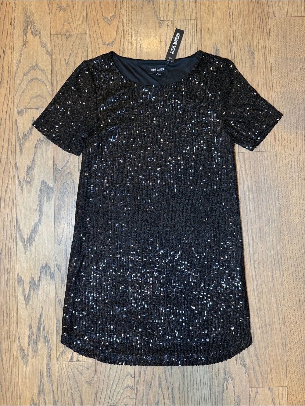 NWT Steve Madden Women’s Black Short Sleeve Sequin Lined Mini Dress Size Medium